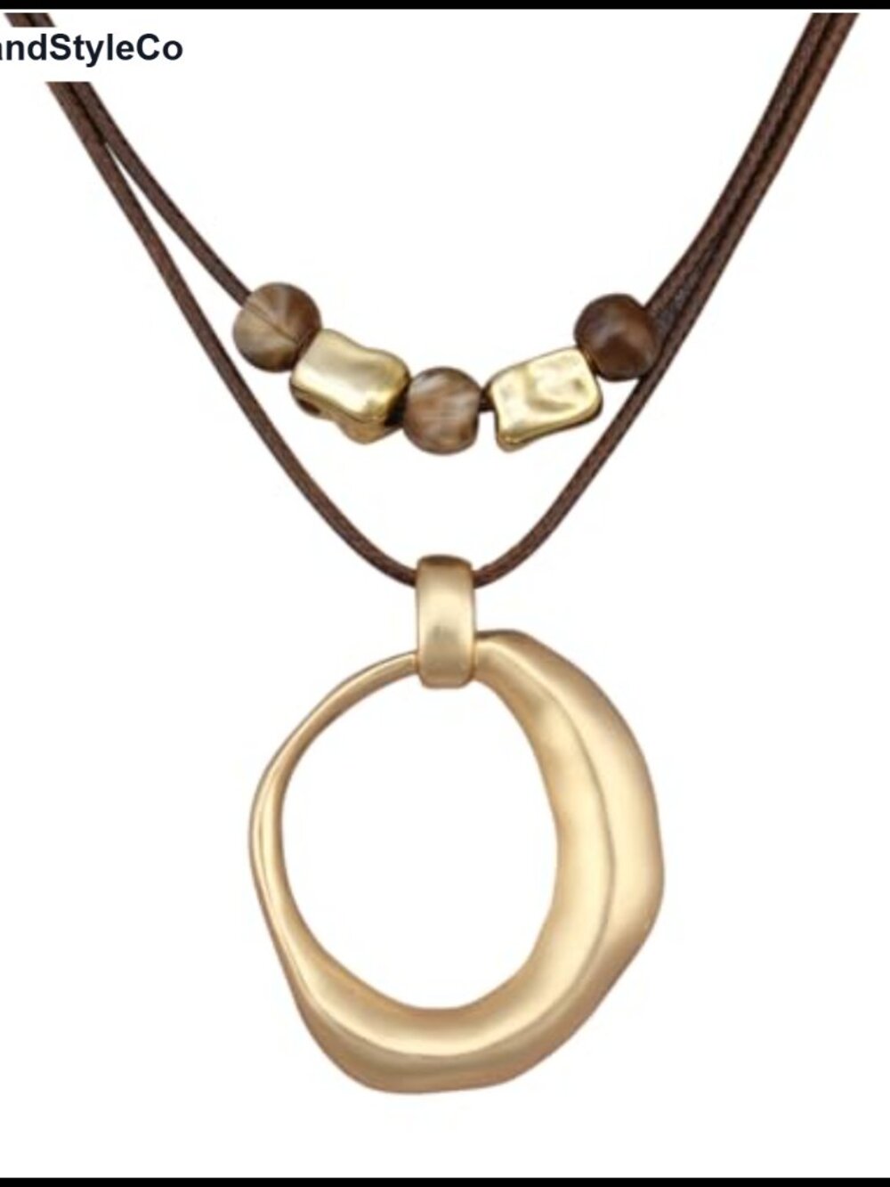 Boho Layered Faux Leather Necklace with Gold Tone Ring Pendant